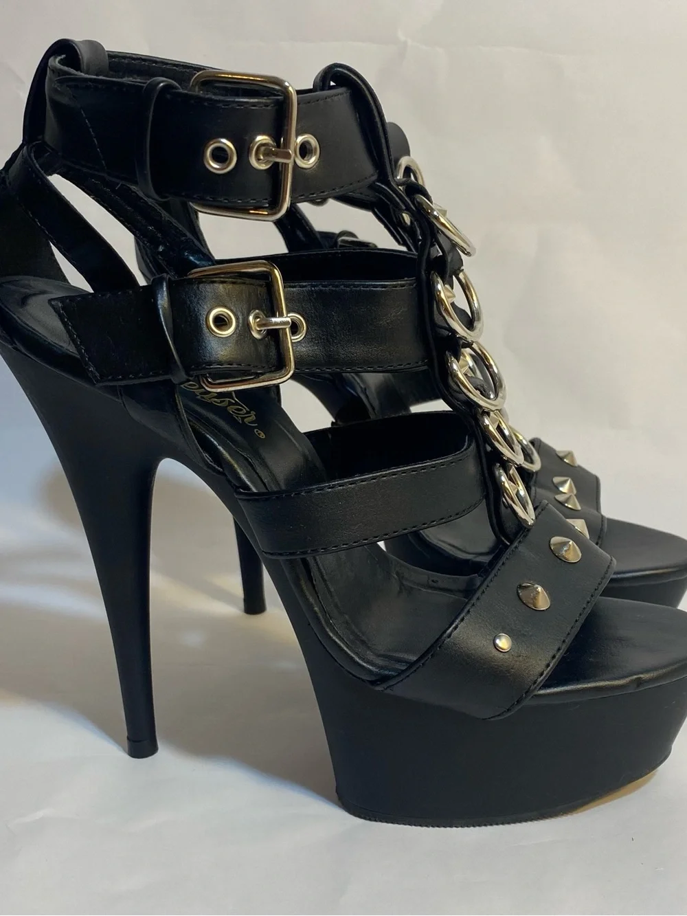 Pleaser Black Platform Studded Exotic Dancer 7” High Heels with Silver Accents